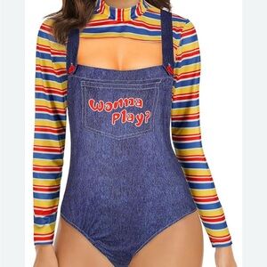 Sexy Chucky Costume-Striped Cropped Long Sleeve with Denim Overlay & Toy Knife